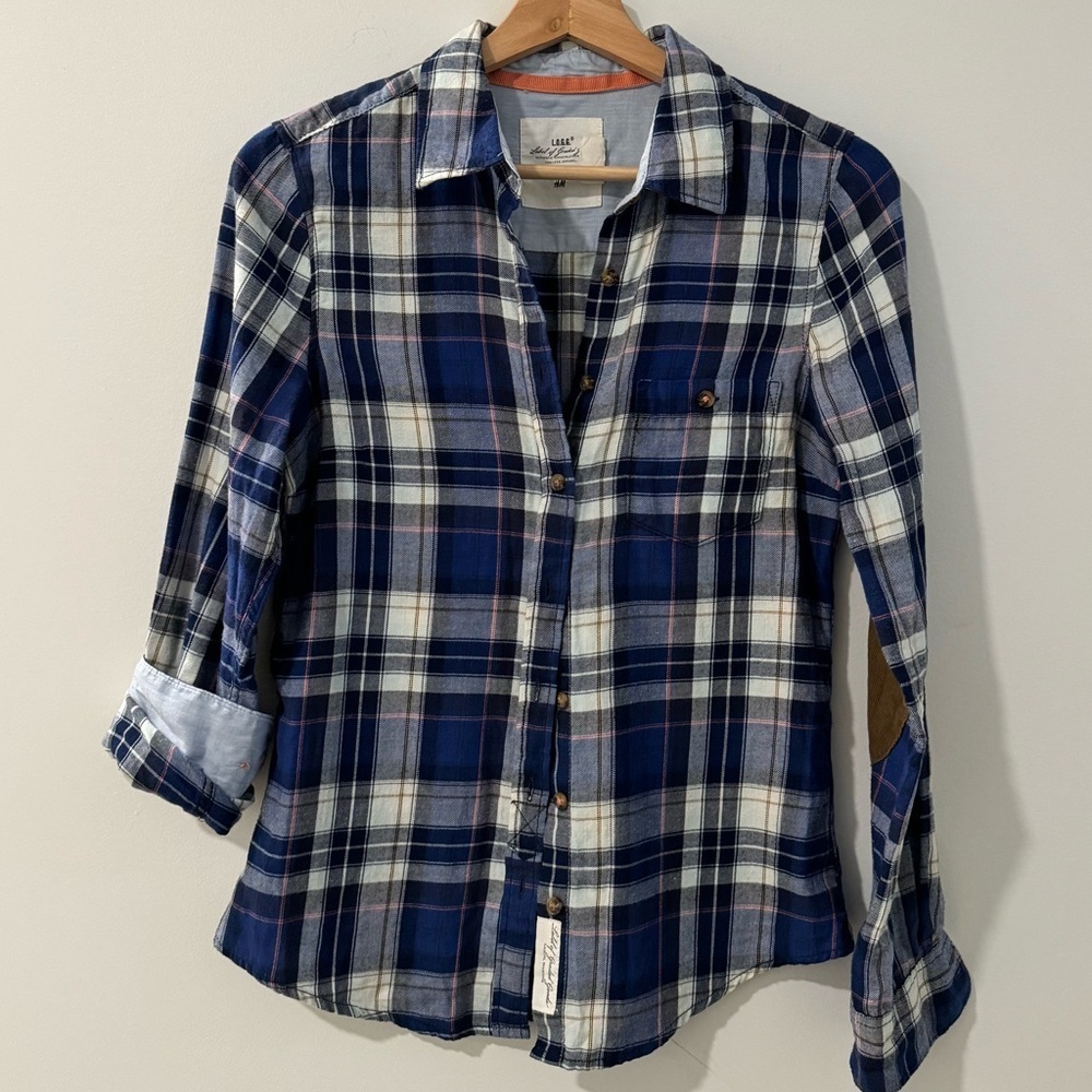 L.O.G.G. H&M Blue Plaid Button Down with Elbow Patches Size 6